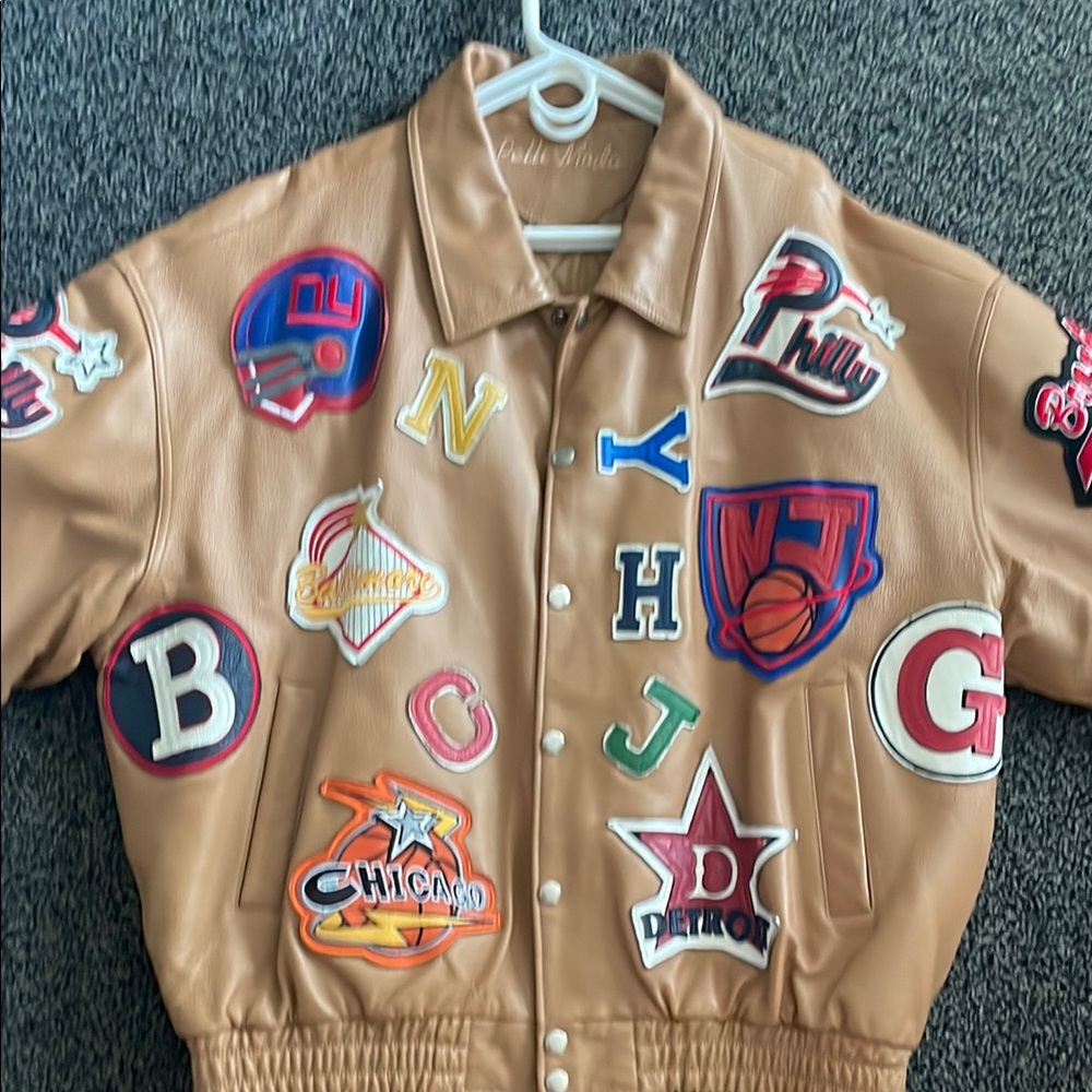 Pelle Moda Tan Leather Jacket with Colorful Patches